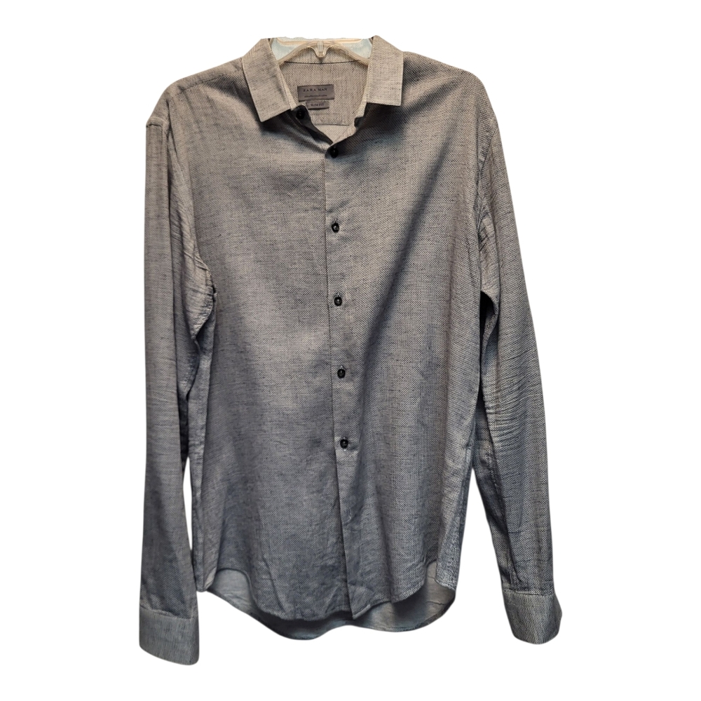 Zara Men's Gray Slim Fit Button-Up Dress Shirt - Size M